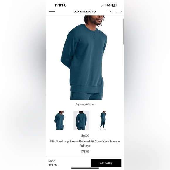 SAXX 3Six Five Men’s Blue Long Sleeve Sweatshirt XL Relaxed Fit Lounge Pullover - Picture 13 of 13